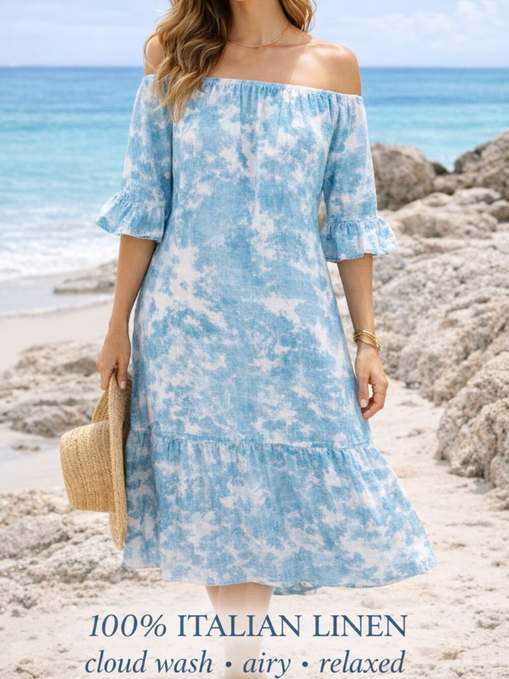 Francesca Bettini Cloud Wash Linen Midi Dress Off Shoulder Italian Linen M NWOT